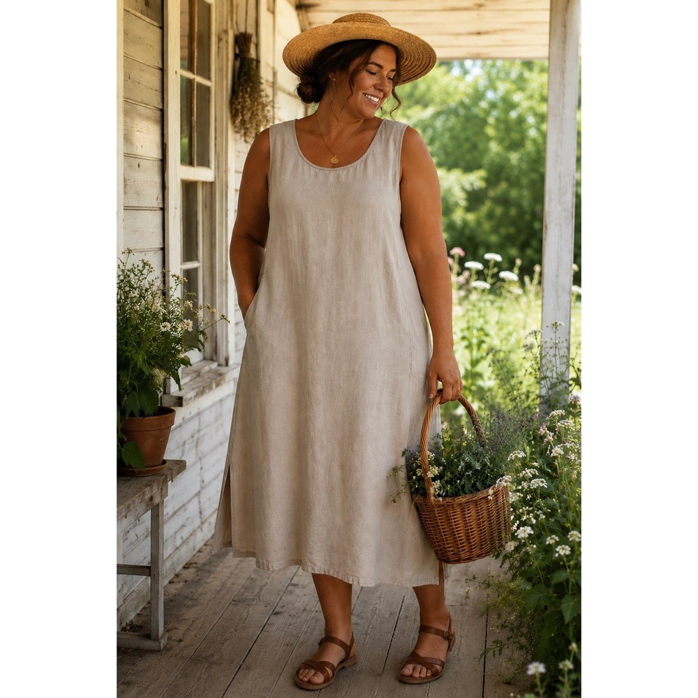The Vermont Country Store Cottagecore Linen Blend Dress Oatmeal Size 1X 0352